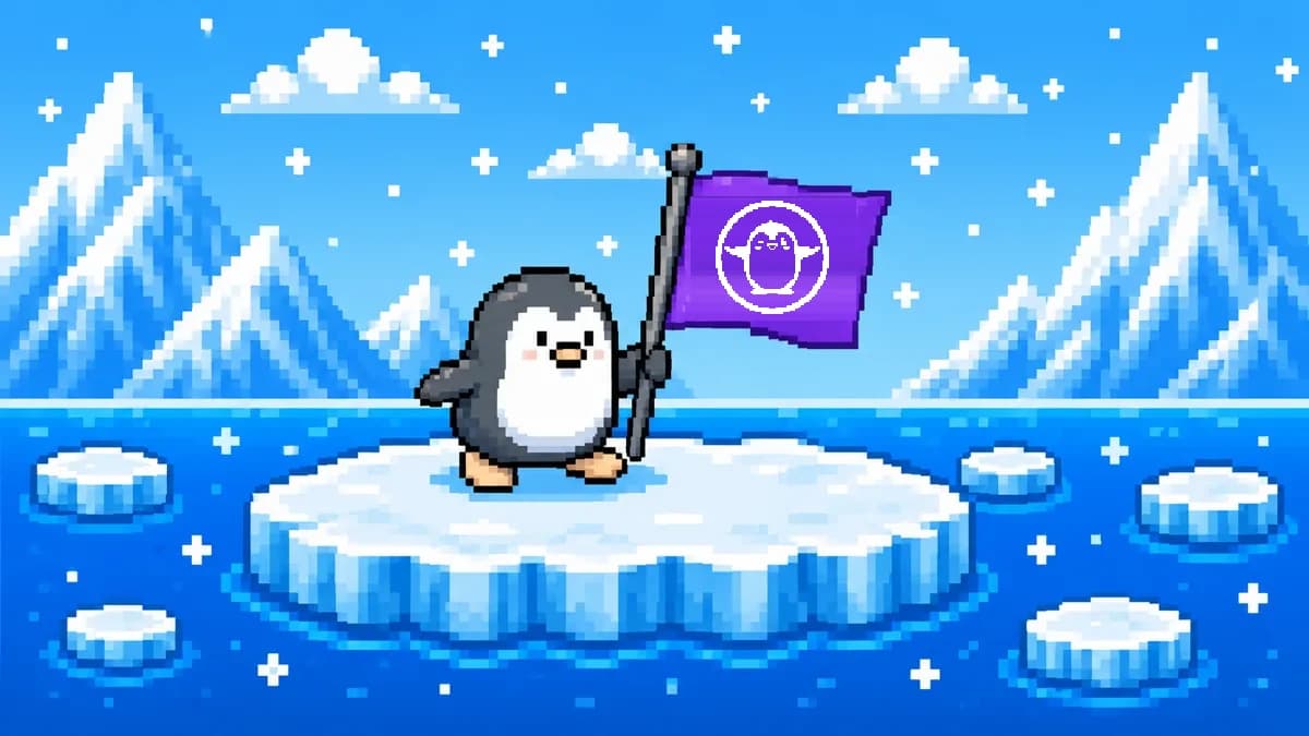 A penguin character carrying a company-branded flag through a level