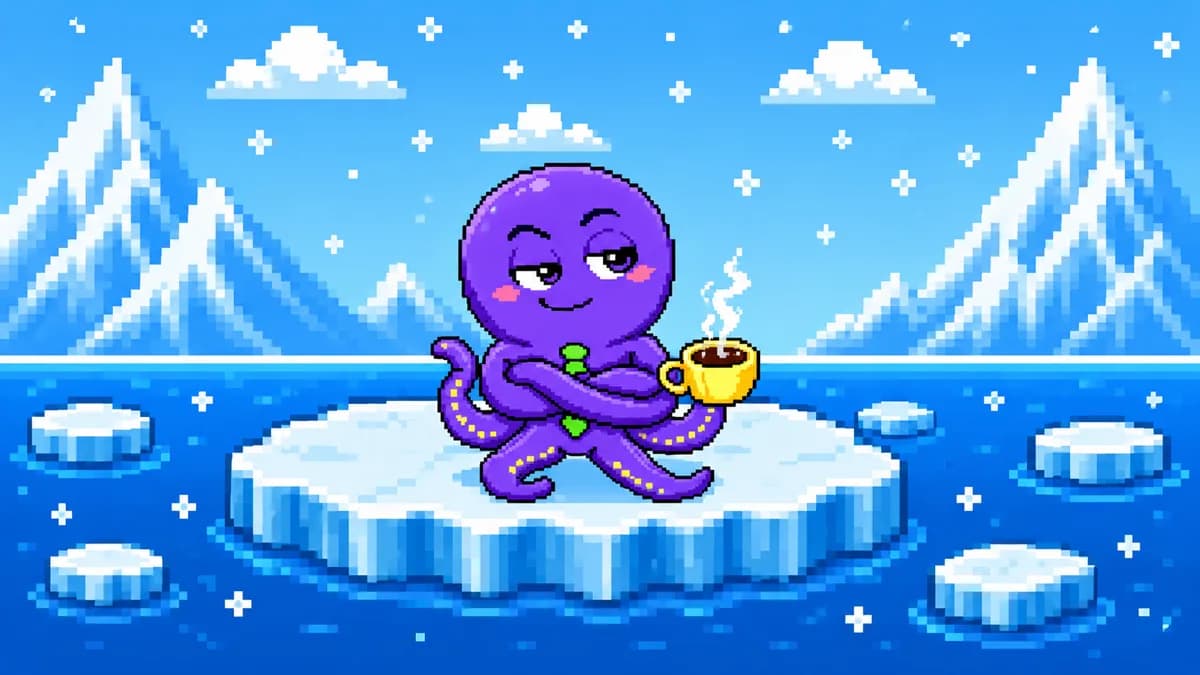 A custom octopus mascot standing on the ice in place of a penguin