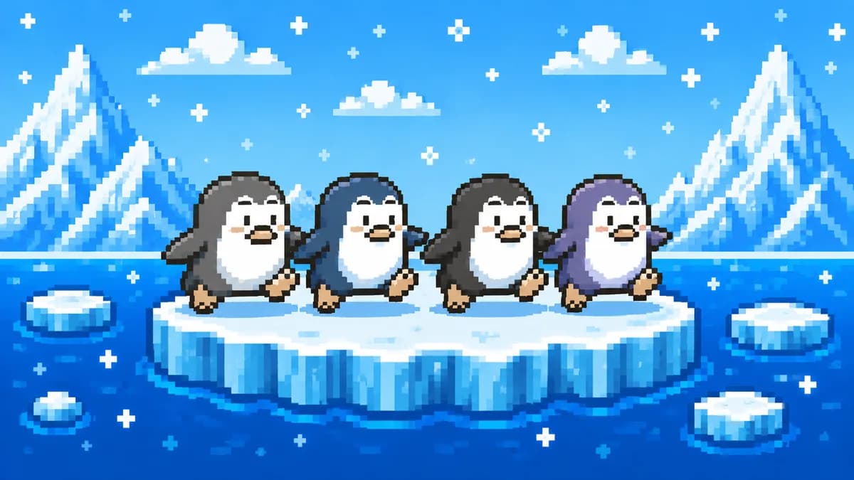 Four penguin characters on an ice floe at the start of a challenge