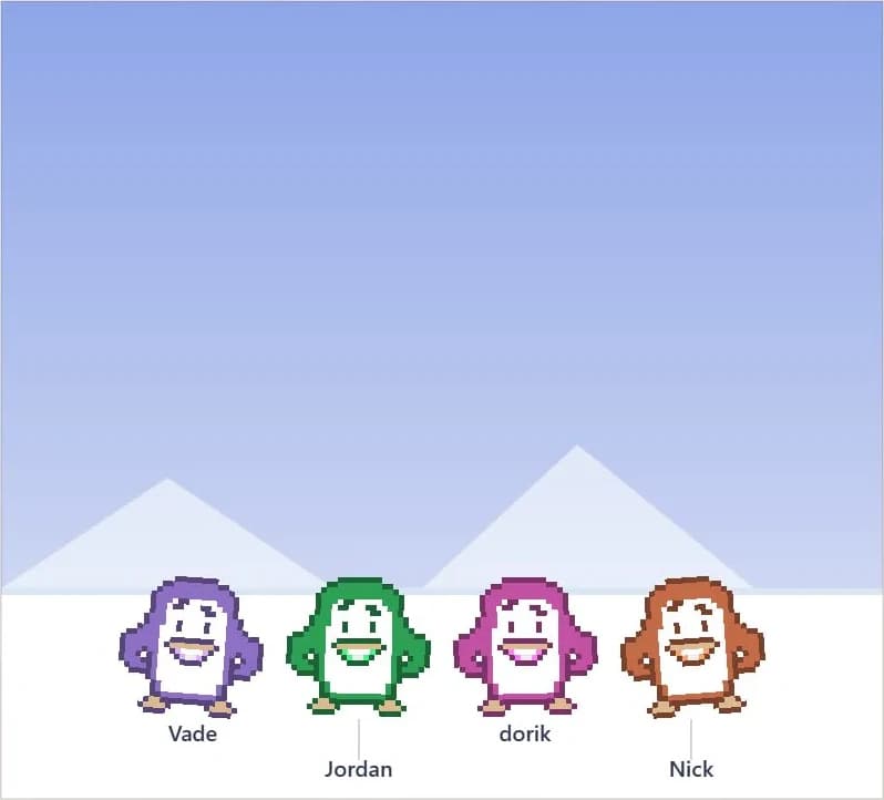 Four team characters lined up on the ice at the end of a challenge, each labelled with a player name