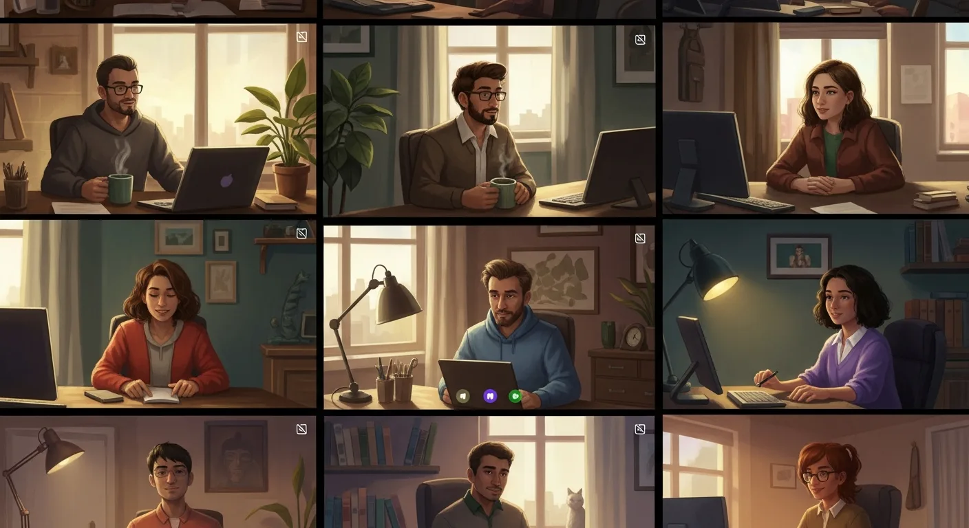 Diverse remote professionals visible on a video call grid, mid-laughter in their home office settings