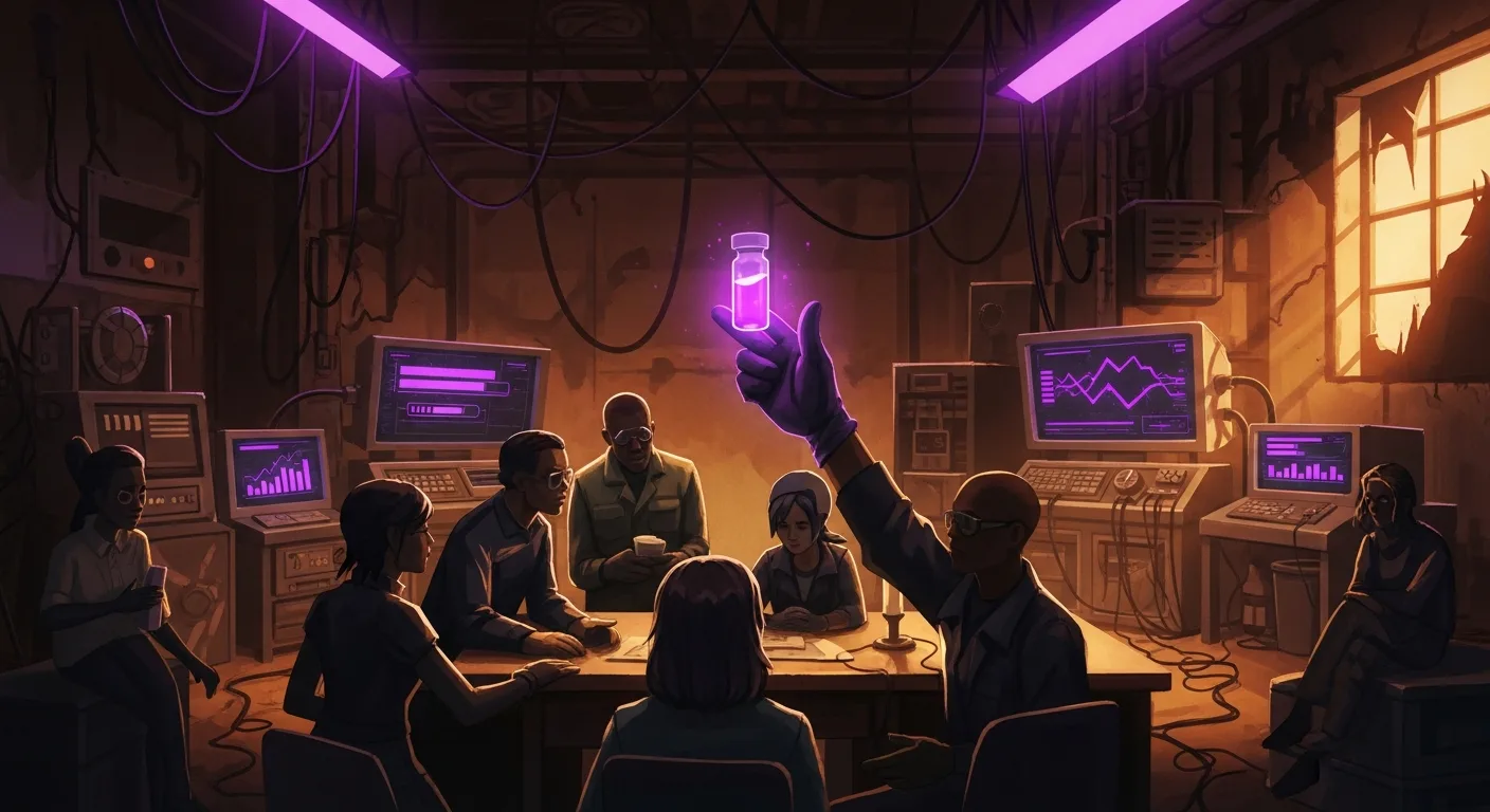 A stylized scene representing a post-apocalyptic vaccine race — teams coordinating under neon-lit emergency conditions, rendered in bright cinematic style