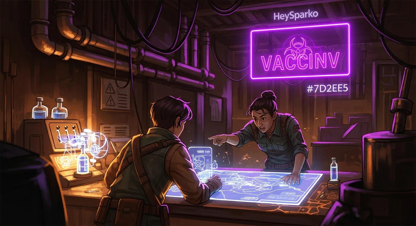 A stylized team-building scene representing a post-apocalyptic vaccine race, neon-lit emergency atmosphere
