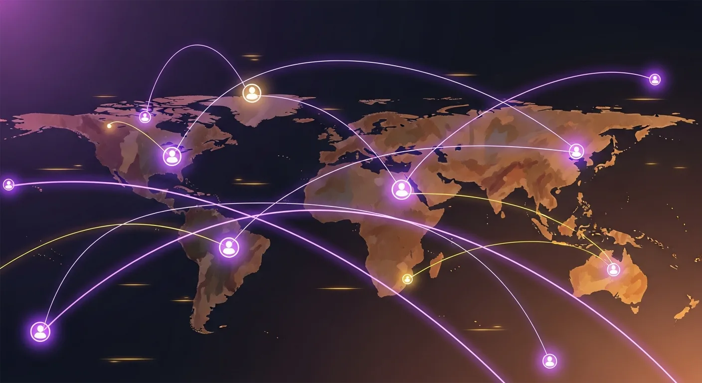 An abstract composition suggesting global teamwork across distance — glowing arcs connecting continent silhouettes, warm light