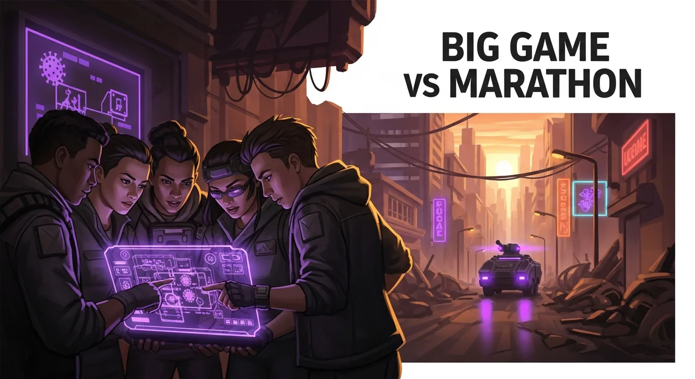 Stylized post-apocalyptic vaccine race scene with neon emergency atmosphere