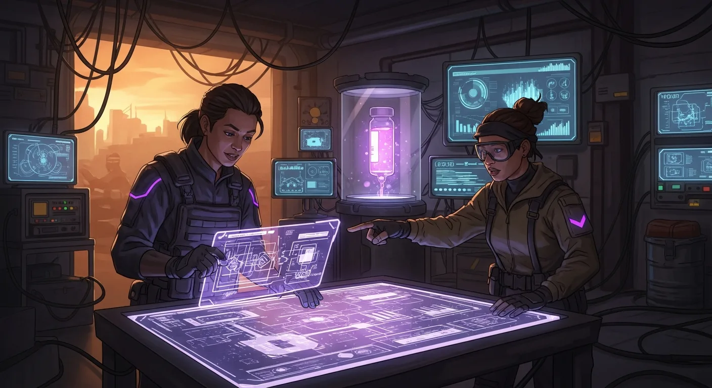 Stylized cooperative game scene representing a vaccine race in a stylized neon-lit world