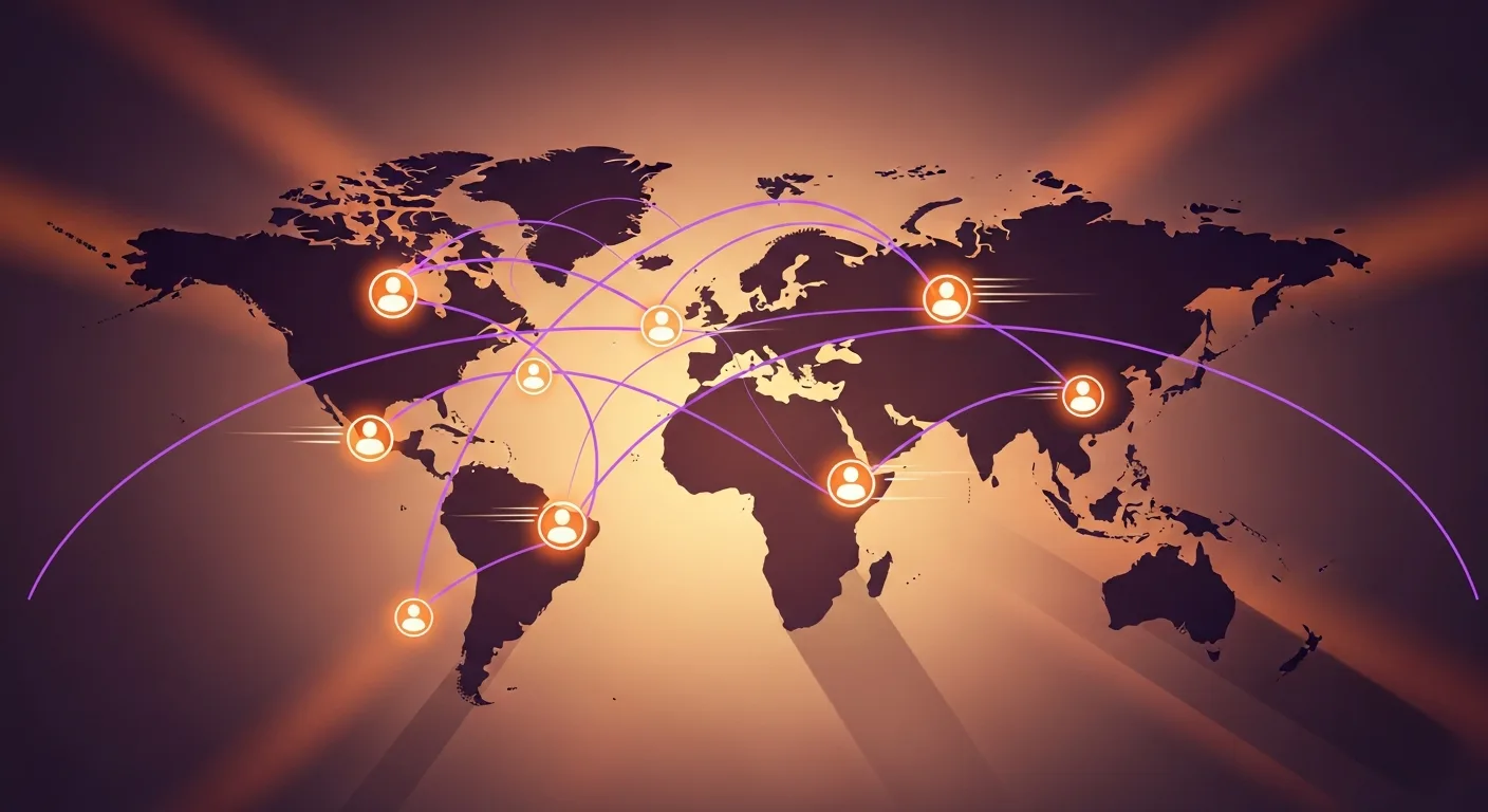 Abstract composition of glowing team-connection nodes arcing across continents