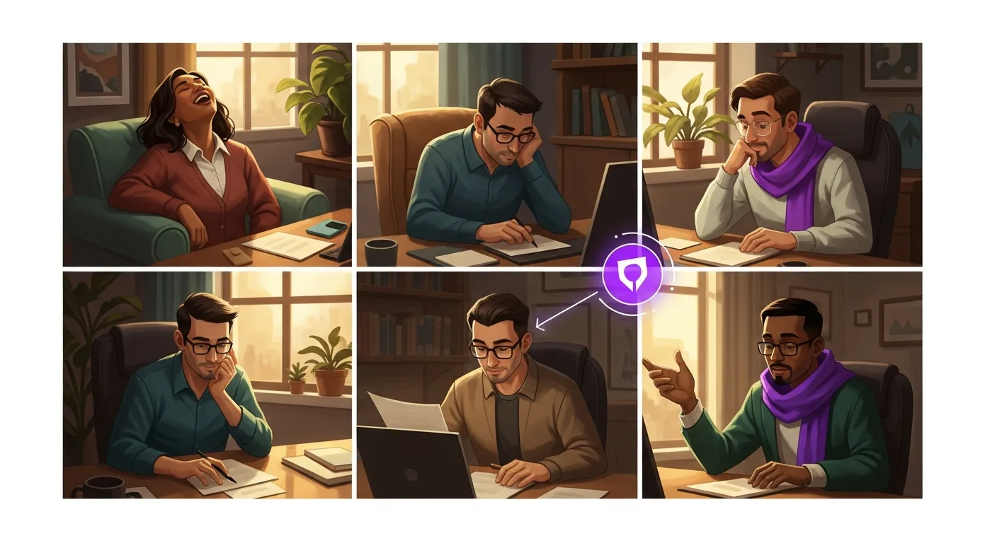 A small group of diverse remote professionals in their home offices, visible on a video-call grid, mid-laughter or mid-task.
