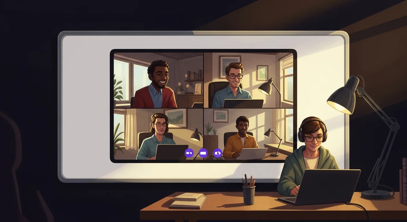 Small group of remote professionals on a video call grid, mid-laughter