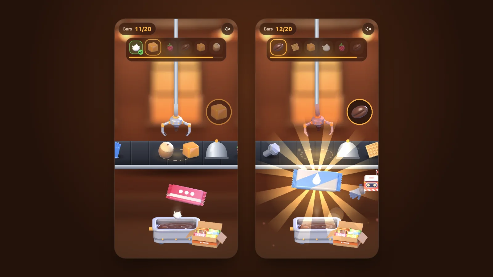 Two Factory Run screens late in a shift: a six-step recipe with a stray glove on the belt and an item hidden under a steel cloche; a cart robot has bumped the conveyor and the claw is jammed, with a bolt on the belt