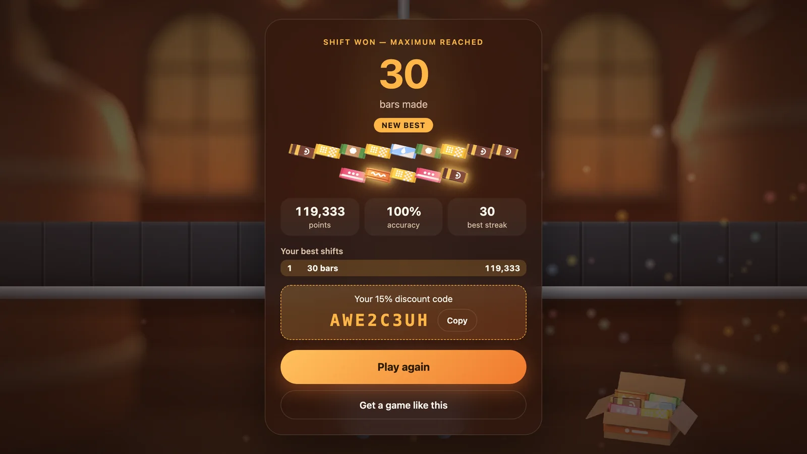 Factory Run result: 30 bars made, a shelf of differently wrapped bars, points, accuracy, best streak and a unique 15% discount code with a Copy button