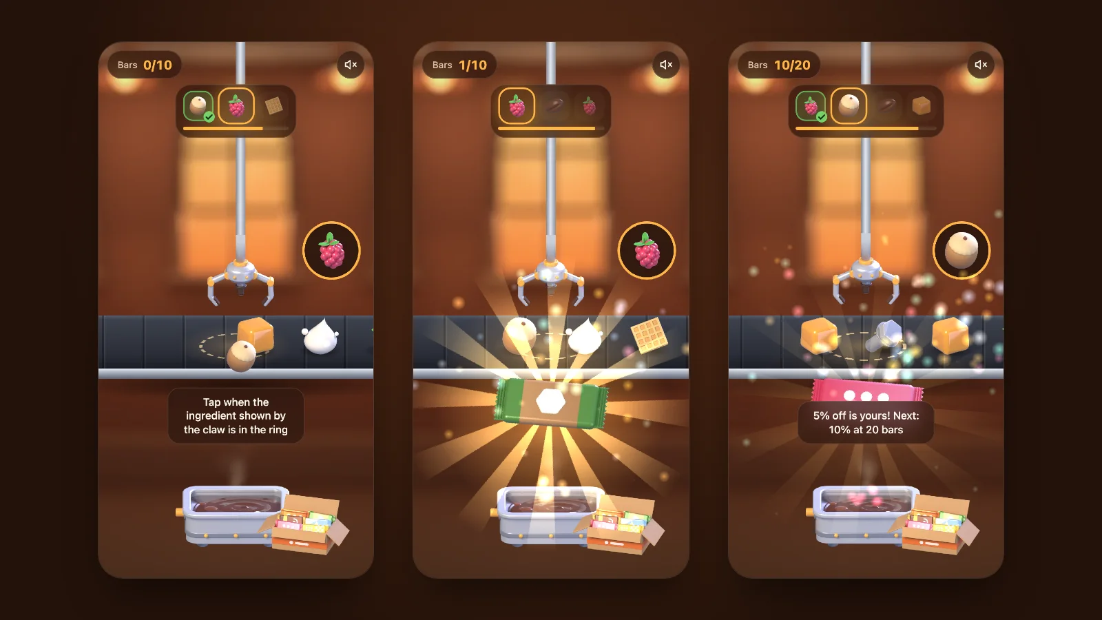 Three Factory Run screens: ingredients ride a conveyor under a claw while a round badge shows the one to take next; a super bar bursts out with rays and sparks after a recipe built with perfect taps; the 5% discount unlocks at ten bars, with the next tier shown