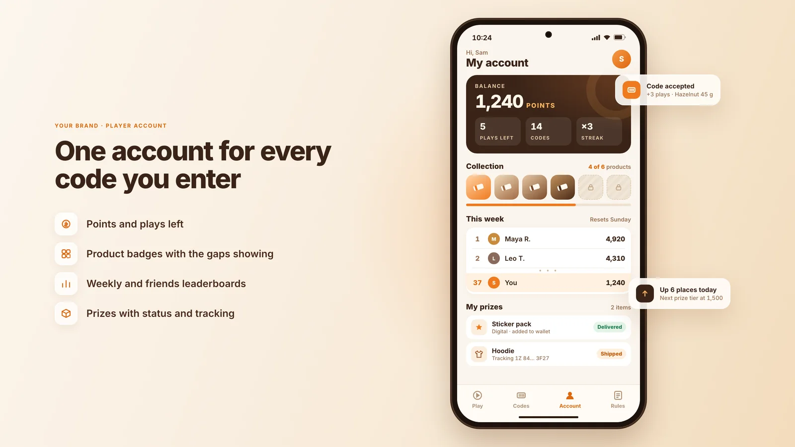 The promo player account on a phone: 1,240 points, 5 plays left, 14 codes, 4 of 6 product badges, the weekly leaderboard and prize delivery status