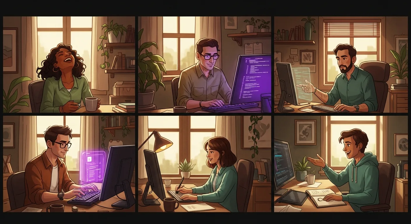 A small group of diverse remote professionals in their home offices, visible on a video-call grid, mid-laughter or mid-task. Soft natural light.