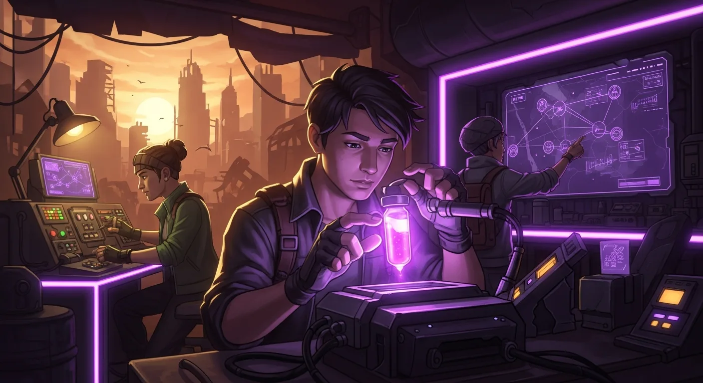 A stylized team-building game scene representing a post-apocalyptic vaccine race, neon-lit emergency atmosphere, stylized not gory. Cinematic.