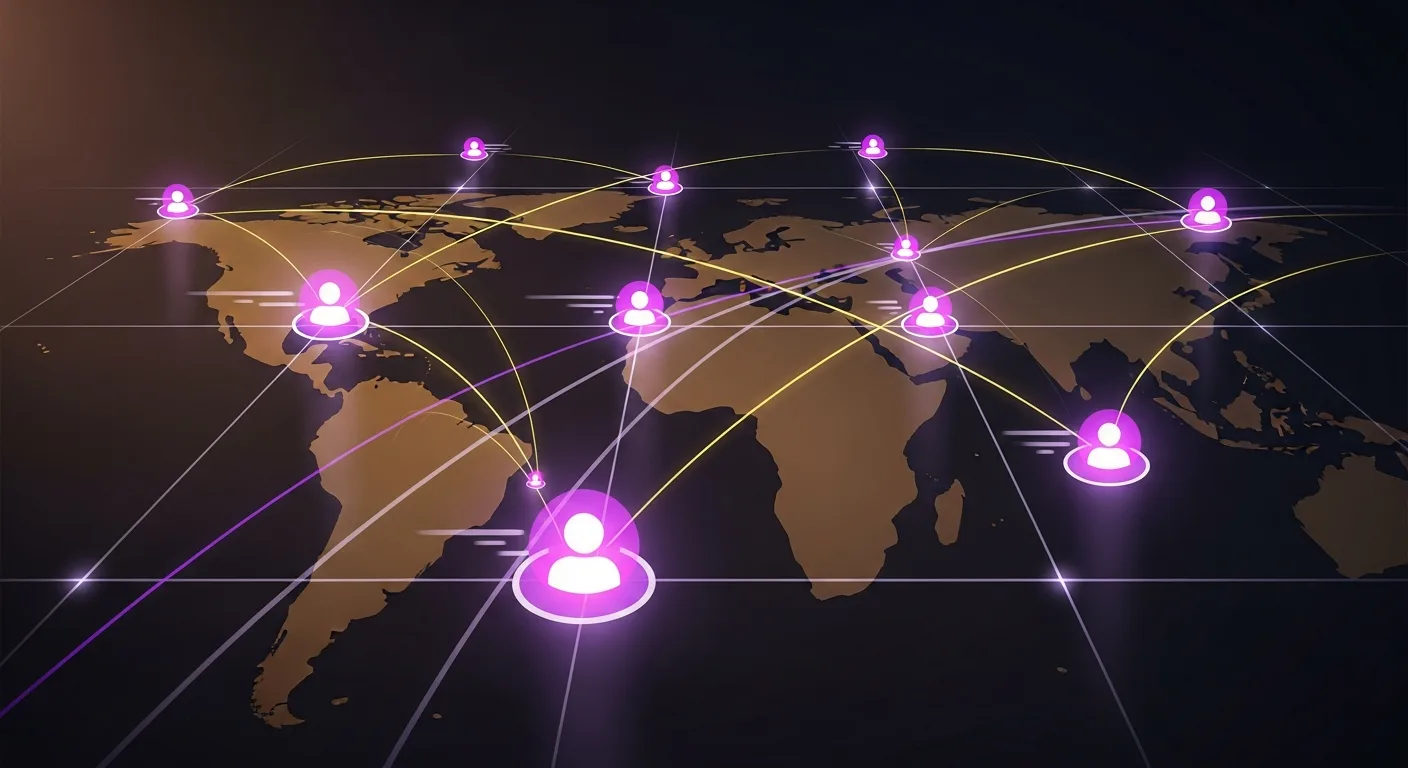 An abstract spatial composition suggesting global teamwork across distance — graceful curves arcing between continent silhouettes, glowing nodes representing team members.