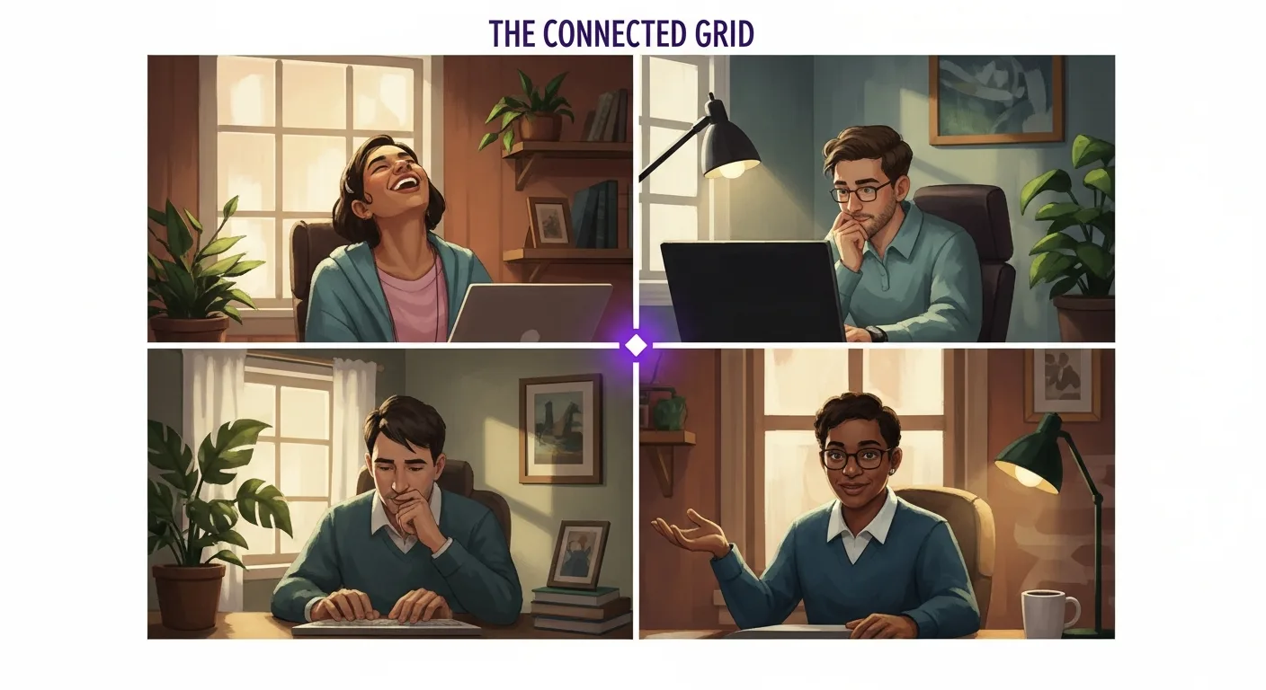 A small group of diverse remote professionals in their home offices, visible on a video-call grid, mid-laughter or mid-task