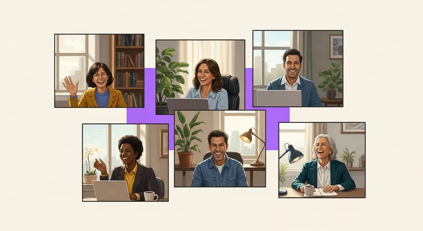 A small group of diverse remote professionals in their home offices, visible on a video-call grid, mid-laughter or mid-task. Soft natural light.