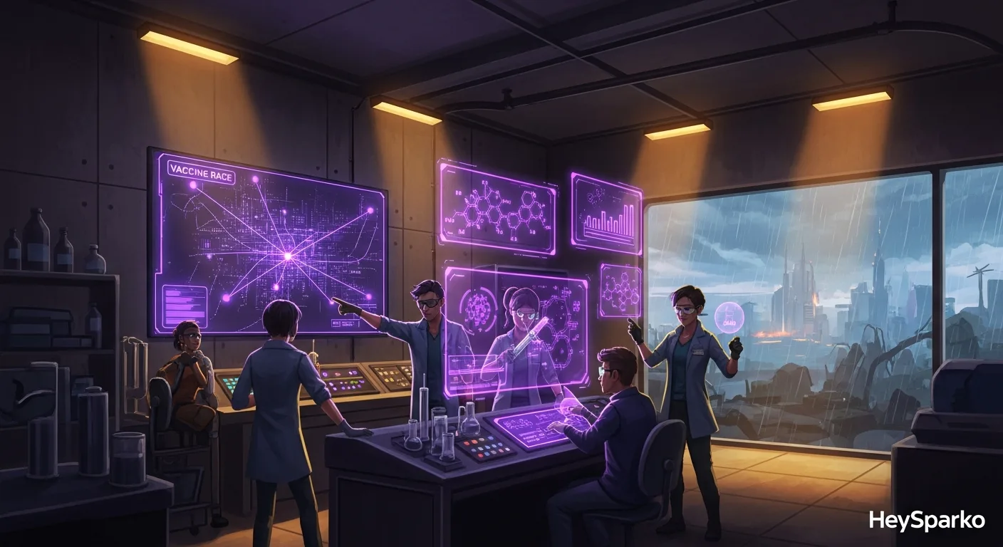 A stylized team-building game scene representing a post-apocalyptic vaccine race, neon-lit emergency atmosphere, stylized not gory. Cinematic.