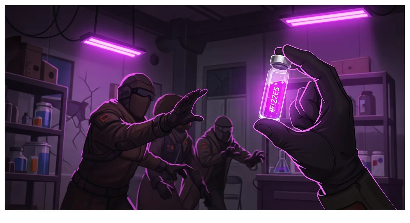 A stylized team-building game scene representing a post-apocalyptic vaccine race, neon-lit emergency atmosphere, stylized not gory. Cinematic.
