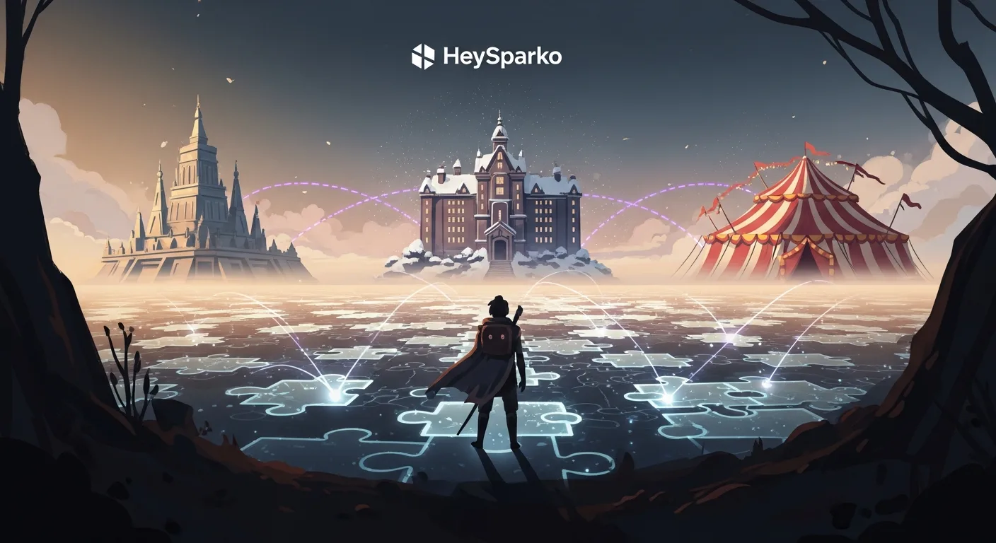 An abstract spatial composition suggesting global teamwork across distance — graceful curves arcing between continent silhouettes, glowing nodes representing team members.