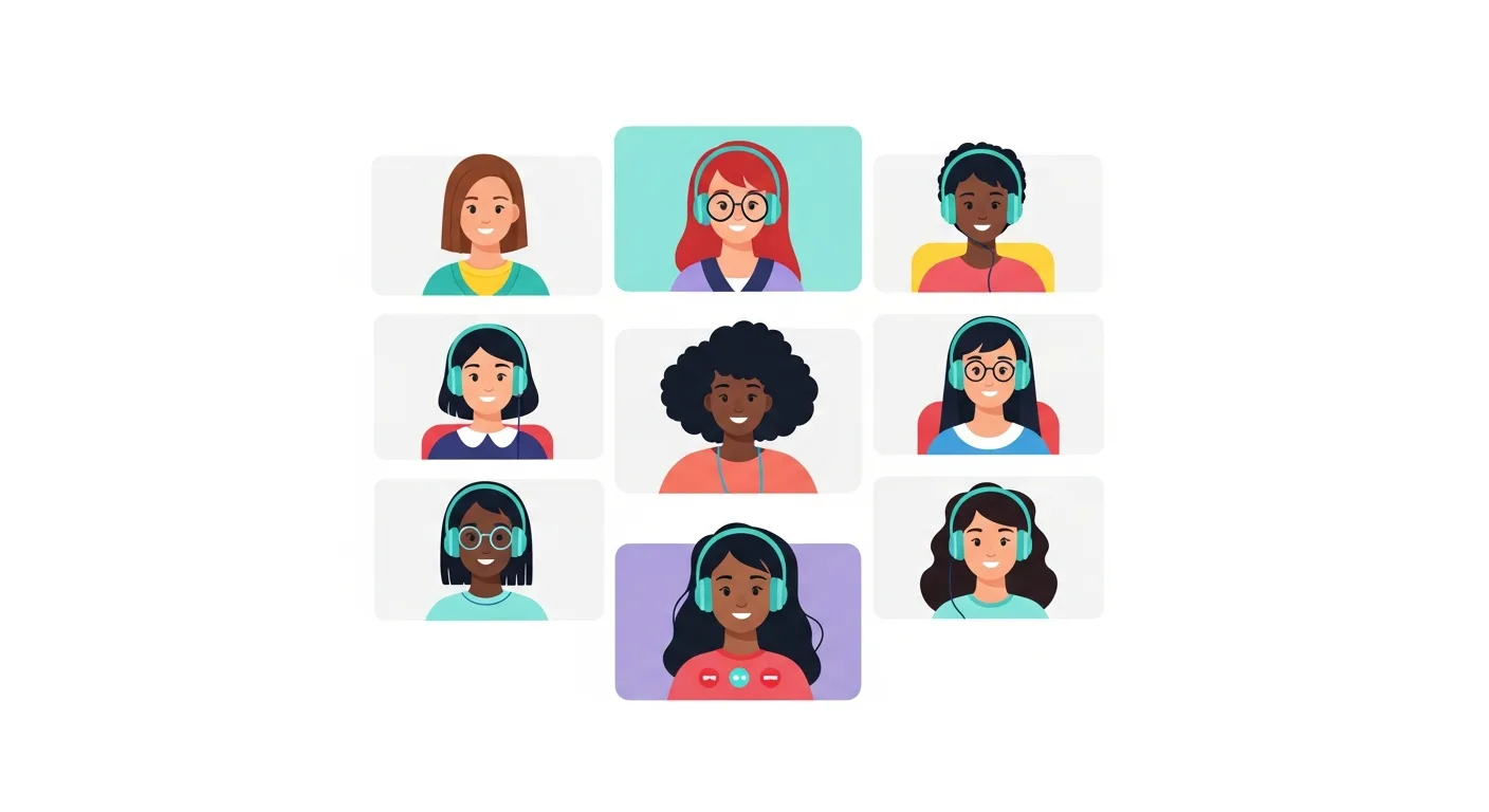 A small group of diverse remote professionals in their home offices, visible on a video-call grid, mid-laughter or mid-task. Soft natural light.