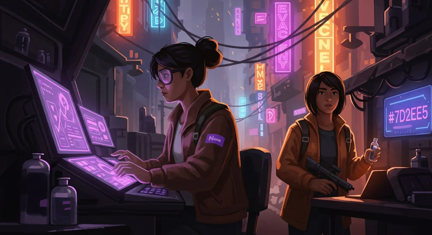 A stylized team-building game scene representing a post-apocalyptic vaccine race, neon-lit emergency atmosphere, stylized not gory. Cinematic quality.