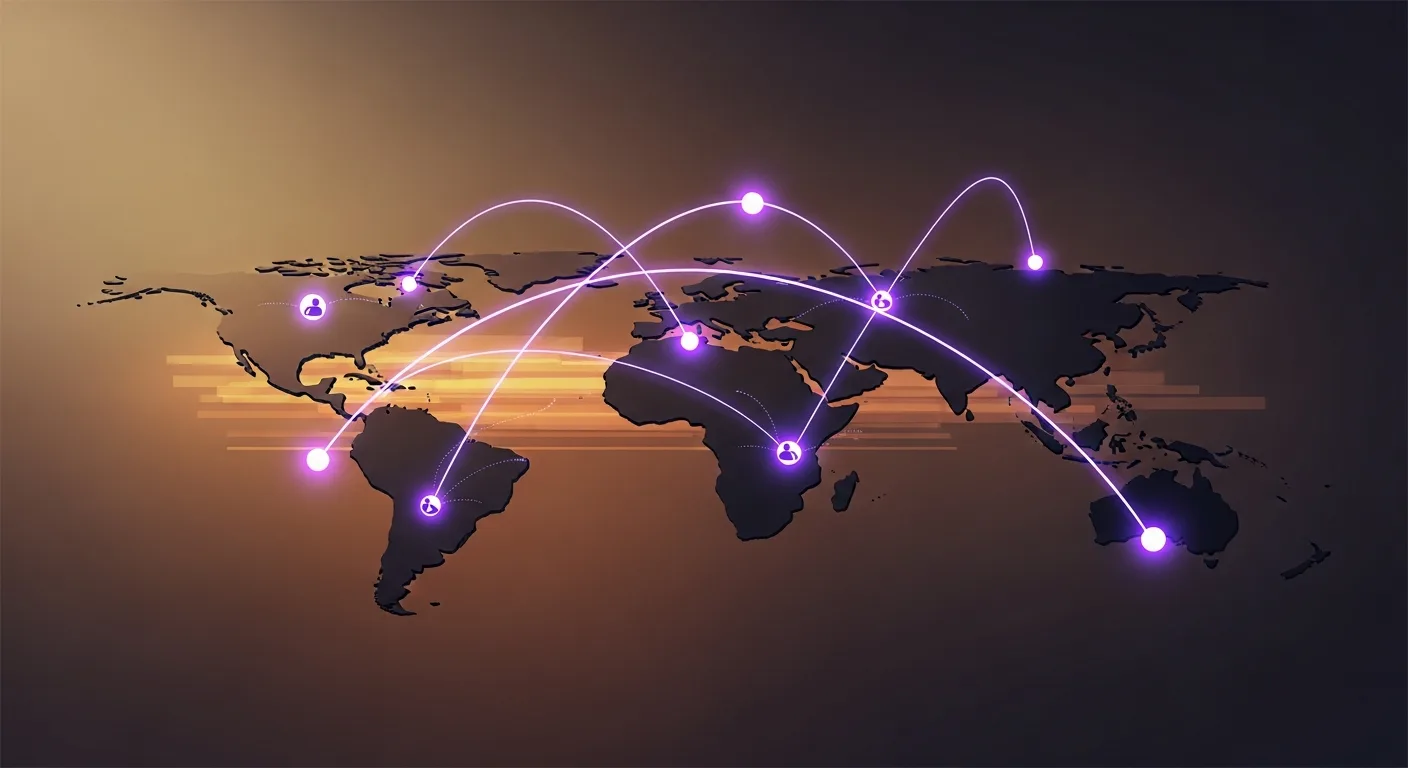An abstract spatial composition suggesting global teamwork across distance — graceful curves arcing between continent silhouettes, glowing nodes.