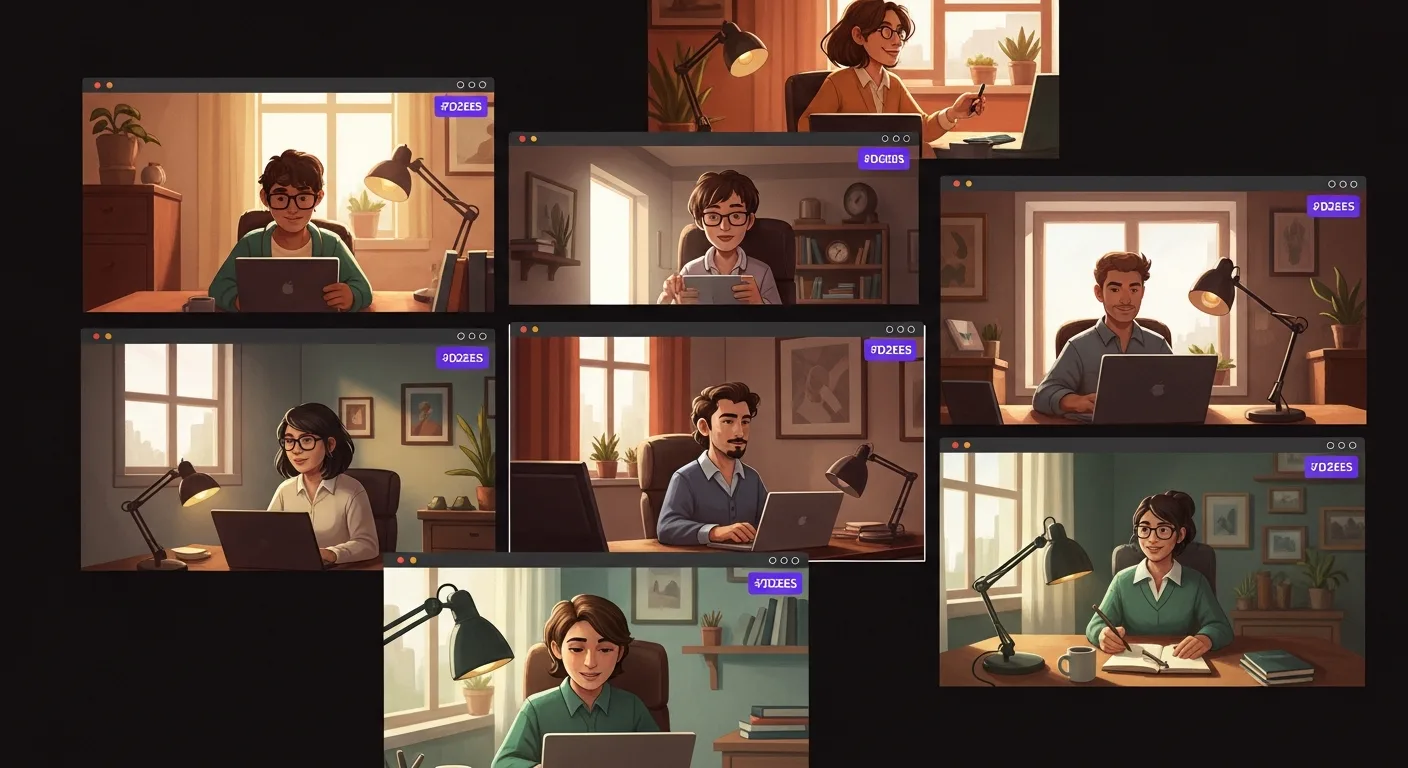 Editorial illustration of a small group of diverse remote professionals in their home offices, visible on a video-call grid, mid-laughter or mid-task, in soft natural lighting