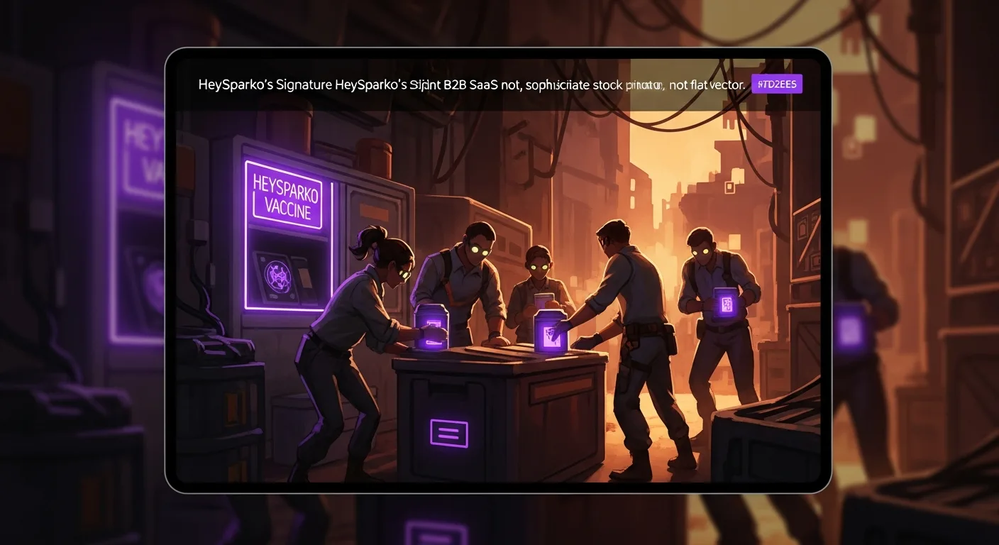 Editorial illustration of a stylized team-building game scene representing a post-apocalyptic vaccine race with neon-lit emergency atmosphere, cinematic and stylized rather than gory