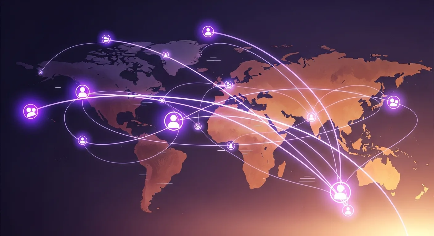 Editorial illustration of an abstract spatial composition suggesting global teamwork across distance, with graceful curves arcing between continent silhouettes and glowing nodes representing distributed teams