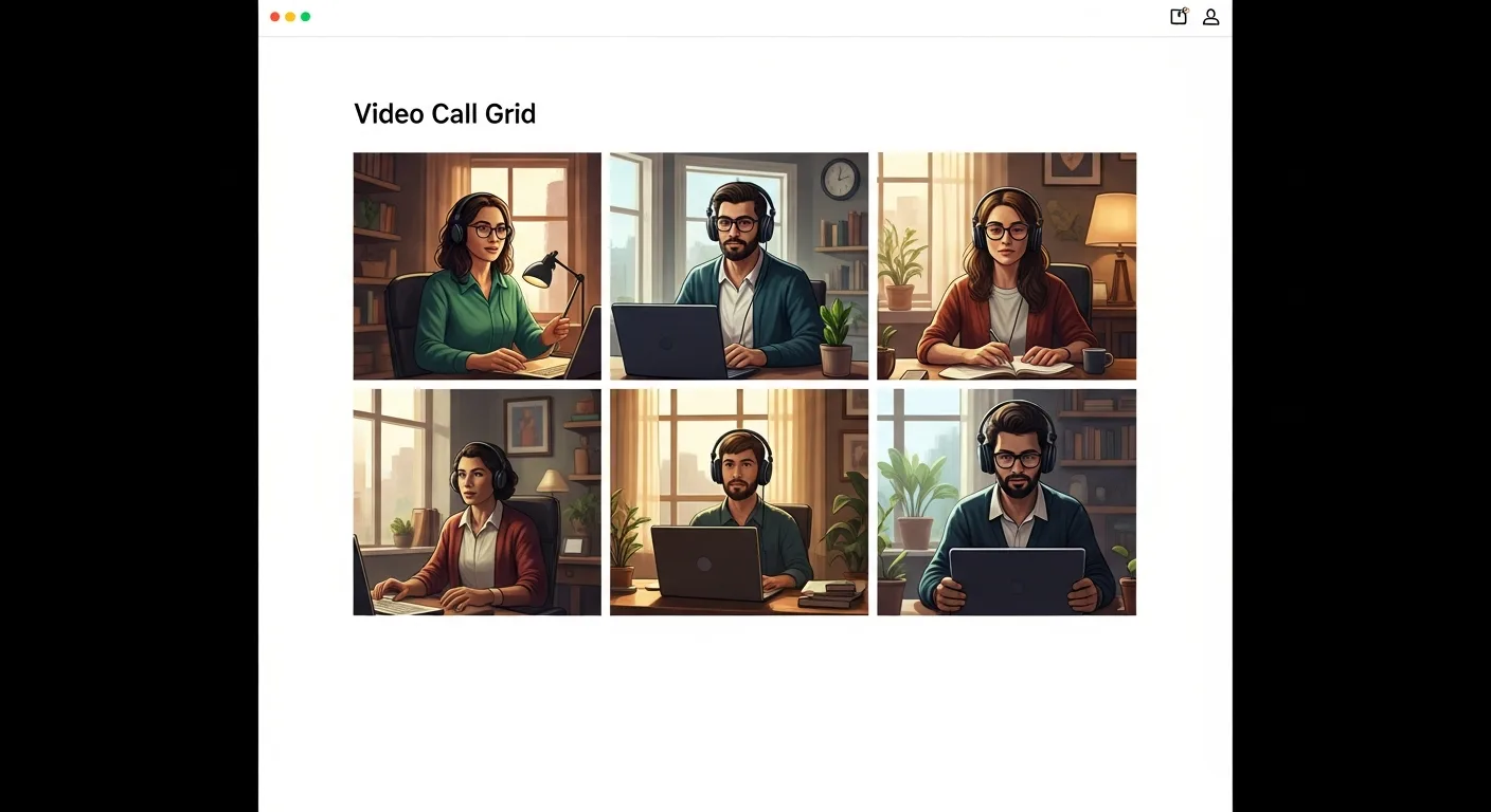 A small group of diverse remote professionals in their home offices on a video-call grid