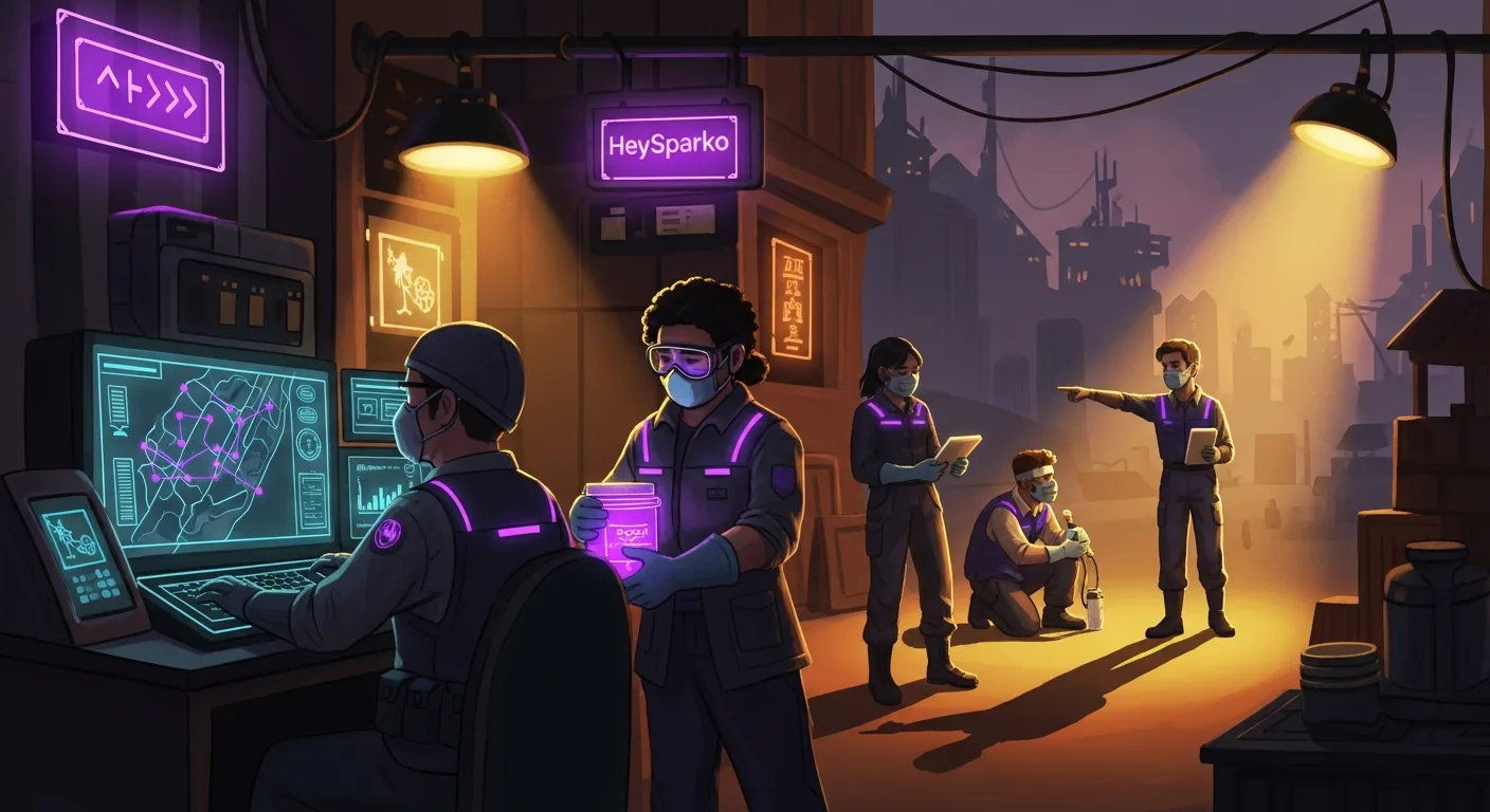 Stylized team-building scene of a small crew coordinating under crisis-mission energy