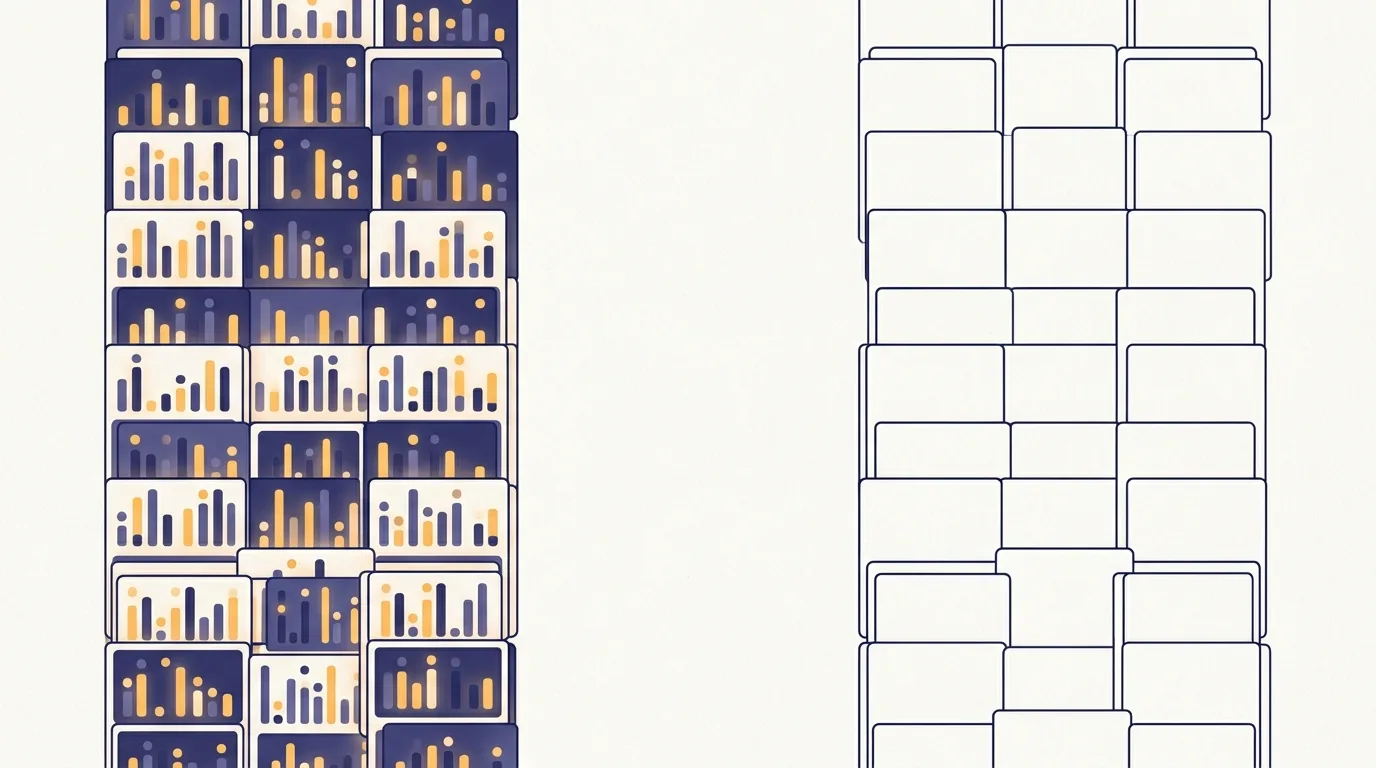 Two columns of abstract data cards, one dense with charts and one nearly empty, clean editorial illustration