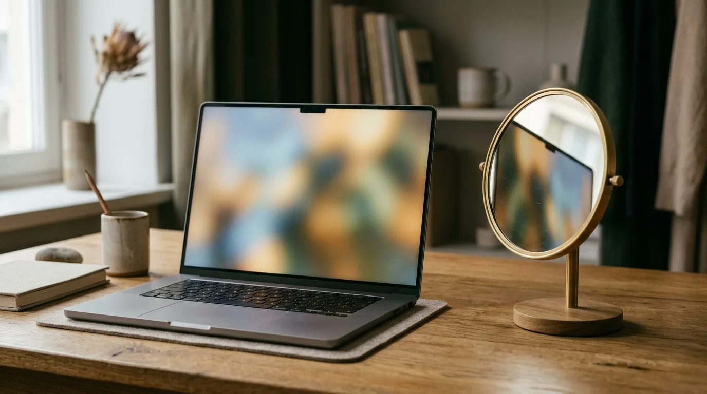 A mirror reflecting a laptop screen showing a dashboard, restrained editorial composition, warm light